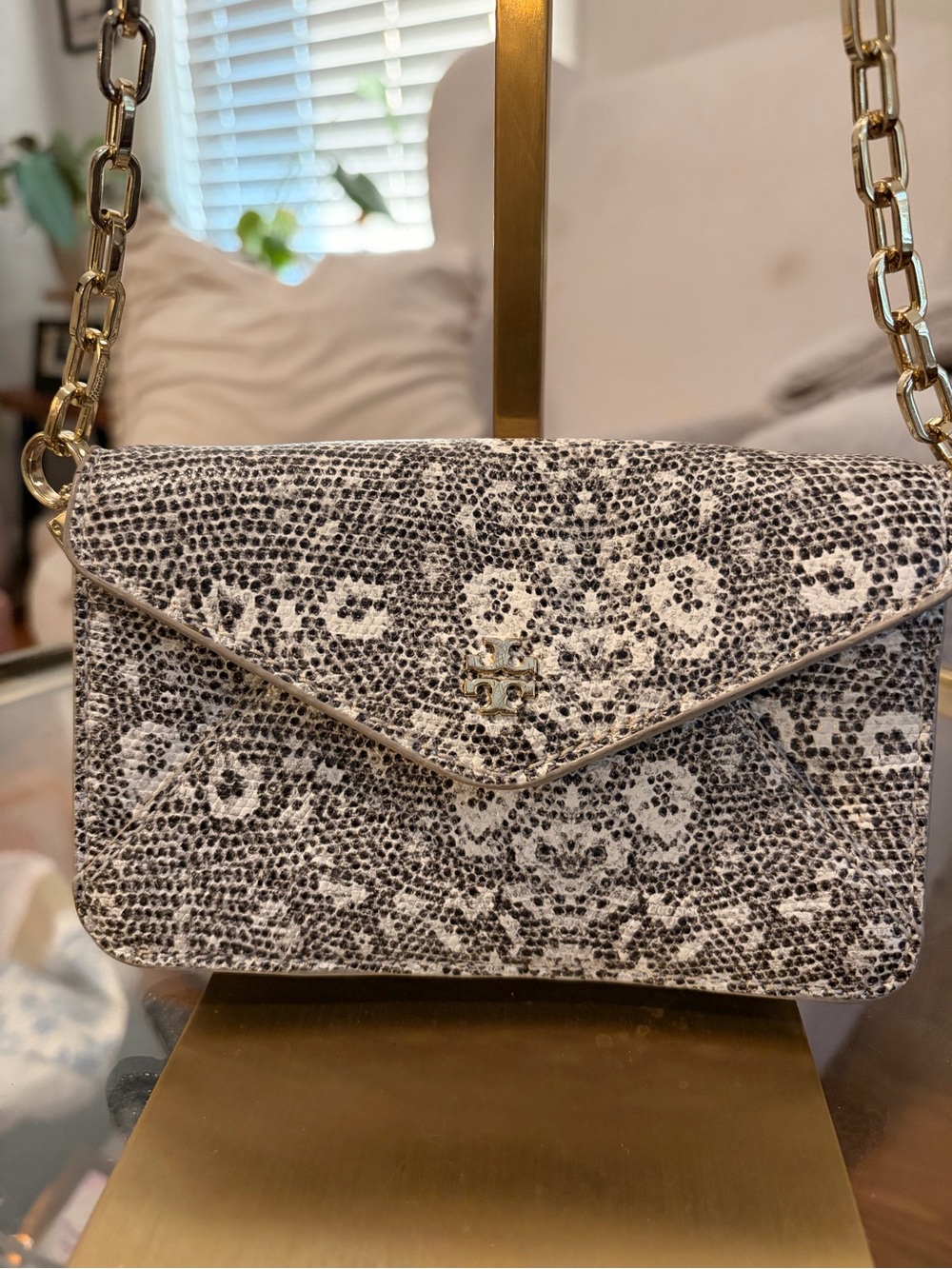Tory Burch Black and White Snake-Print Crossbody with Gold Chain